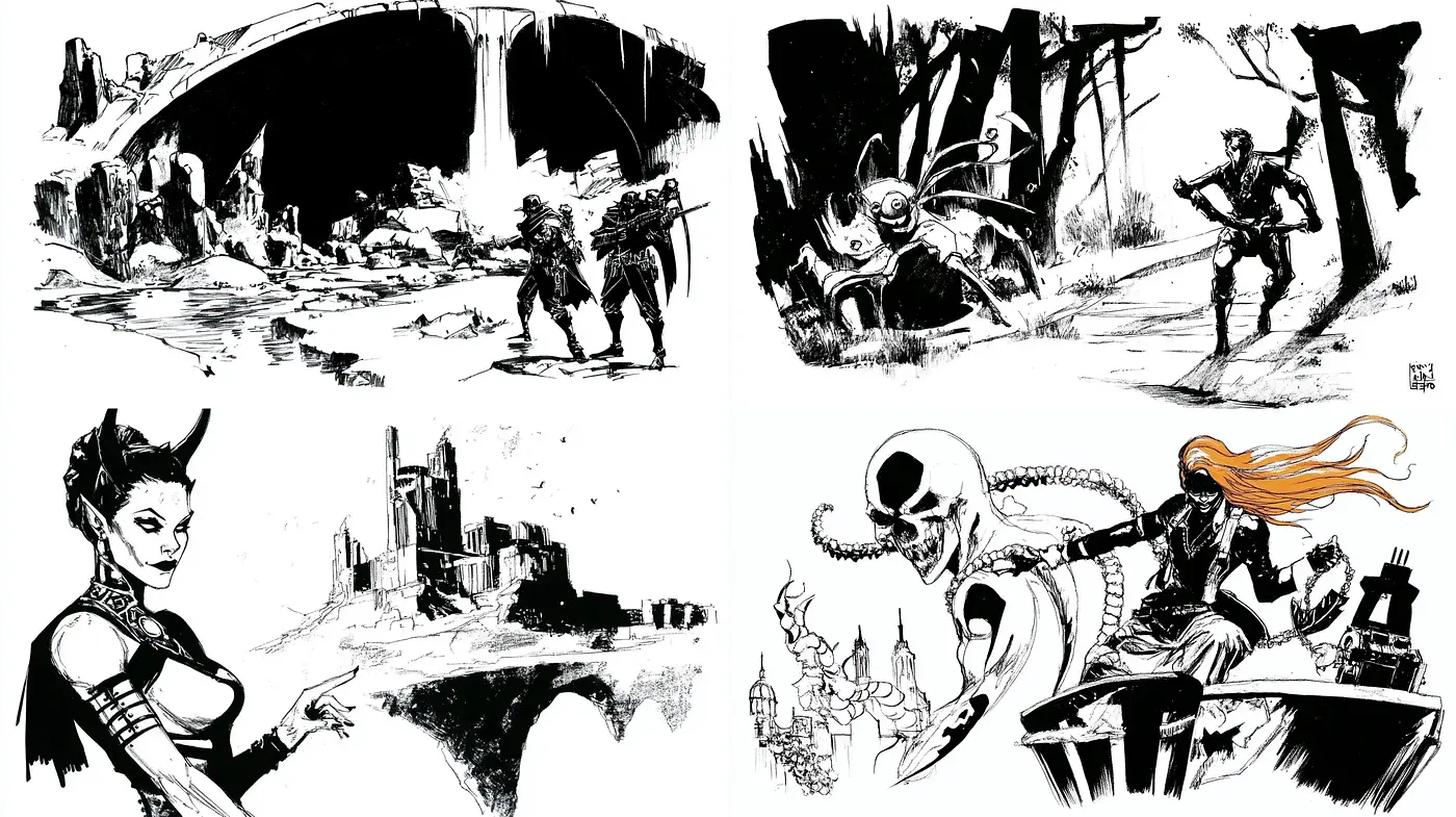 Monochromatic Fantasy Inkwork with Vivid Accents - Midjourney sref style