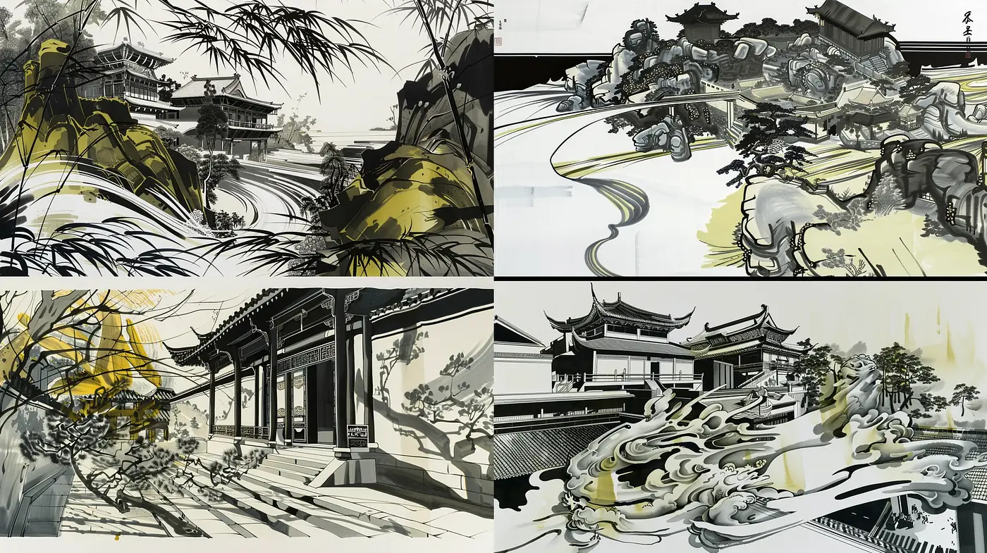 Monochromatic Ink Wash Panoramas with a Modern Twist - Midjourney sref style