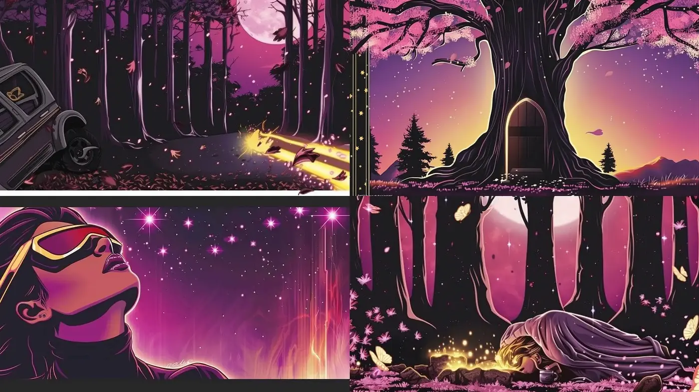 Cosmic Twilight Saga: A Synthesis of Vibrant Hues and Dreamlike Imagery - Midjourney sref style