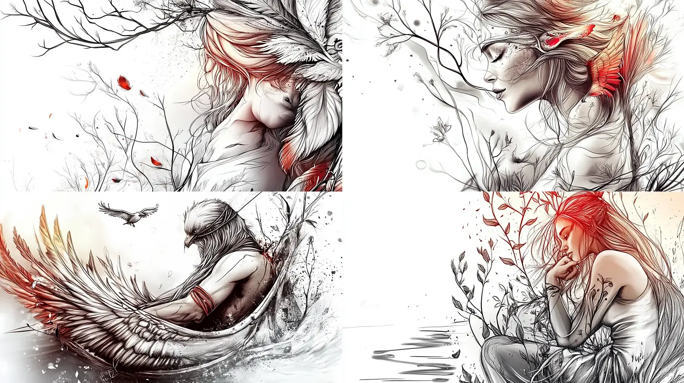 Ethereal Elegance in Monochrome and Crimson Hues - Midjourney sref style