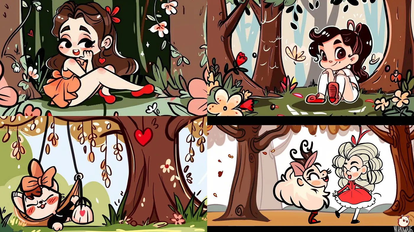 Whimsical Forest Frolic: A Cartoonish Blending of Vivid Colors and Playful Textures - Midjourney sref style