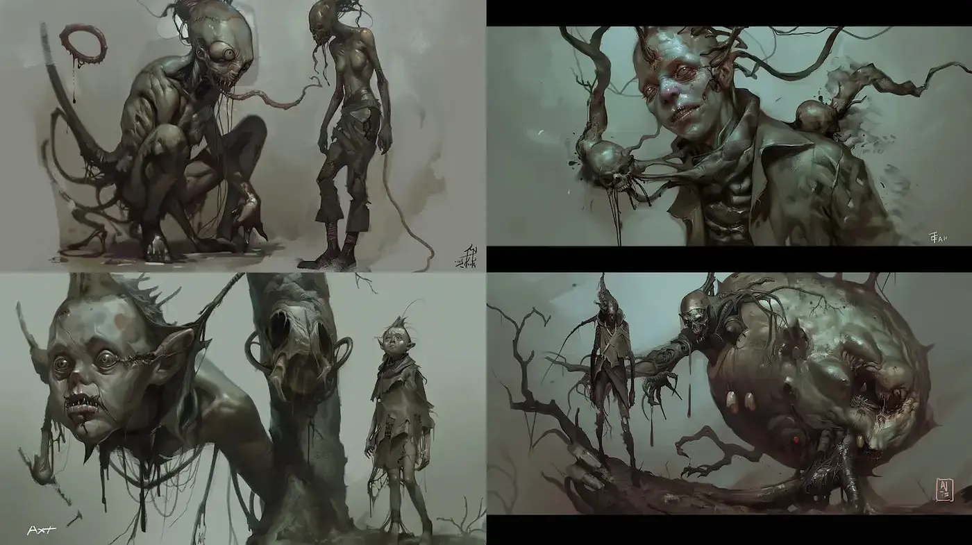 Surreal and Grotesque Fantasy Art with Dark Undertones - Midjourney sref style
