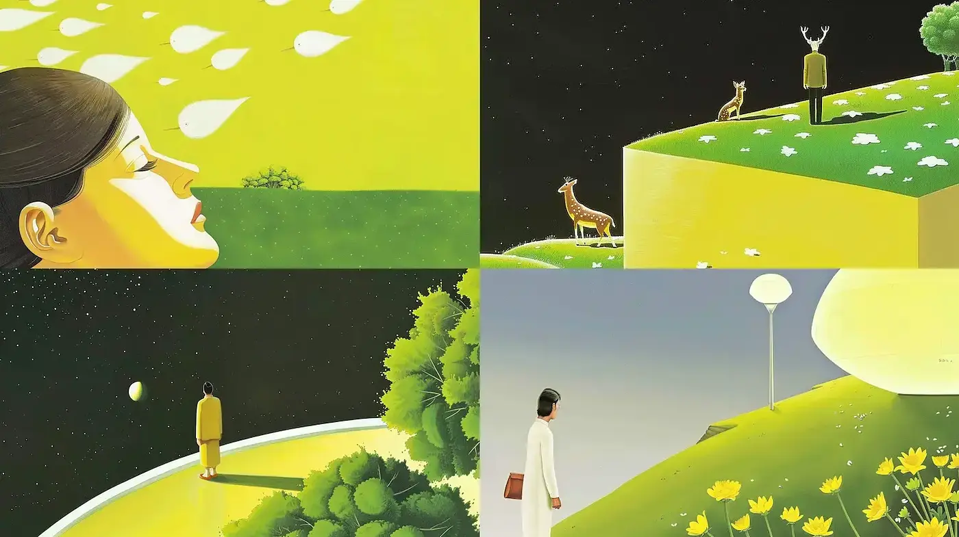 Surreal and Whimsical Illustrations with a Playful Color Palette - Midjourney sref style