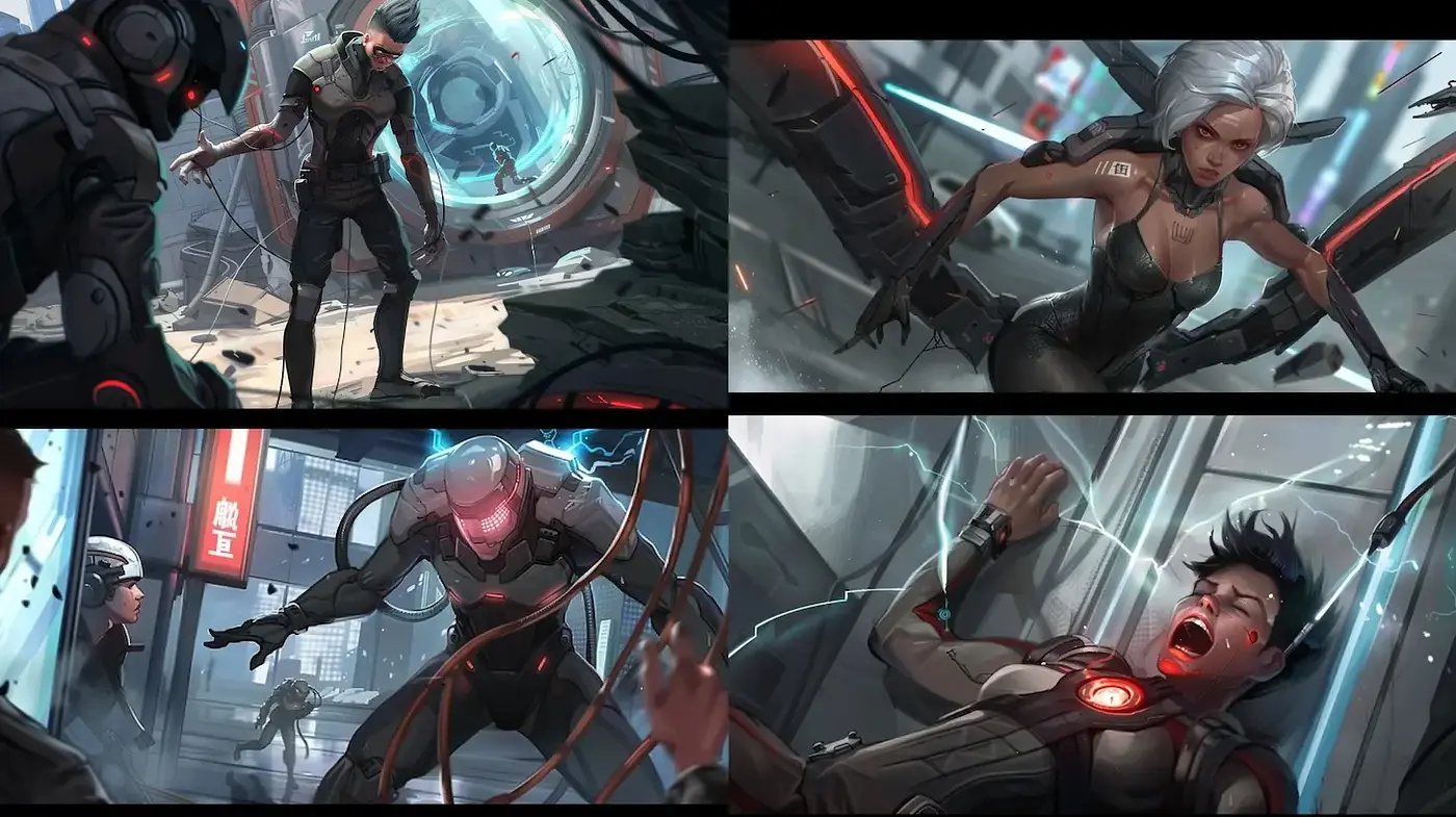 Futuristic action scenes with a cyberpunk twist and a dynamic narrative style - Midjourney sref style