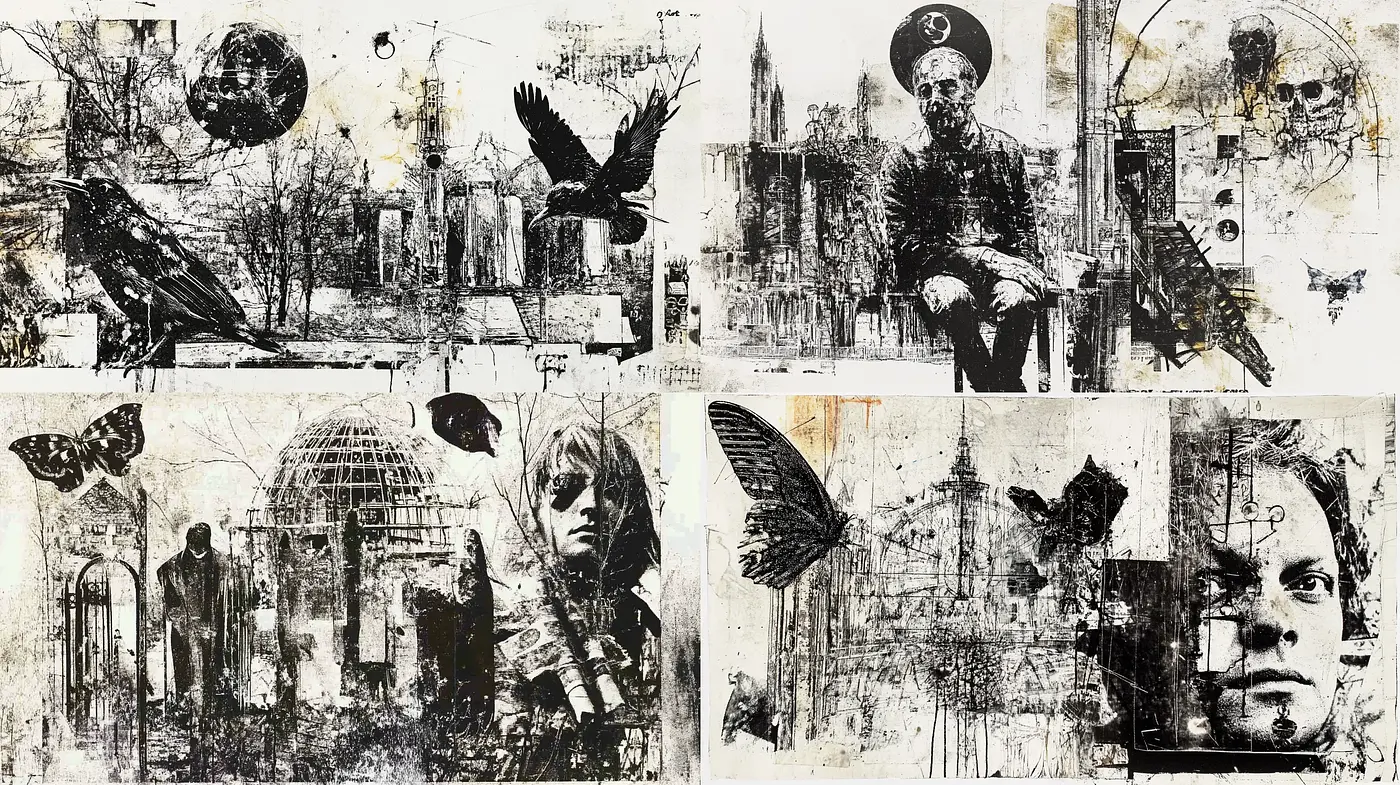 Grunge Monochromatic Urban Chaos Collage - Midjourney sref style