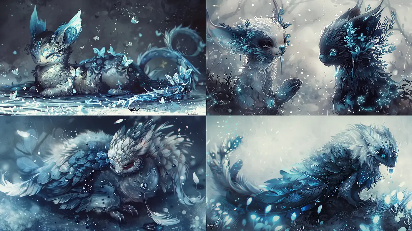 Ethereal Creatures in Misty Blue Dreamscape - Midjourney sref style