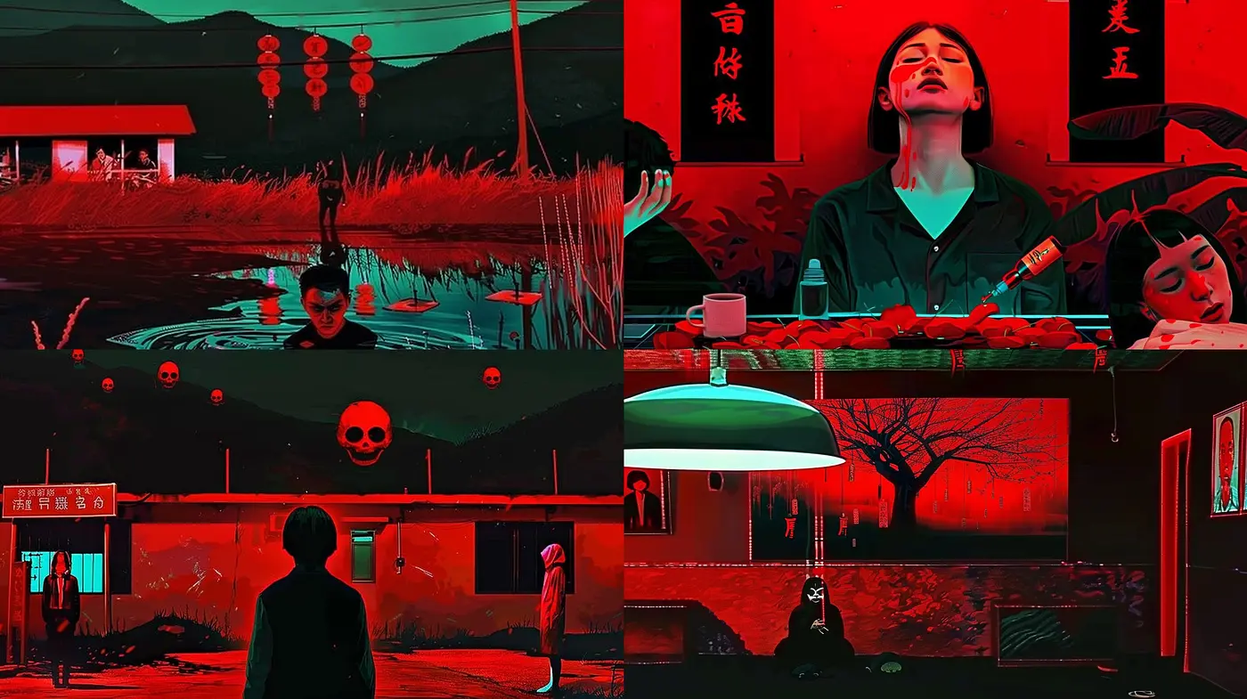 Eerie Crimson Dreamscape: A Homage to Sinister Aesthetics and Surreal Storytelling - Midjourney sref style