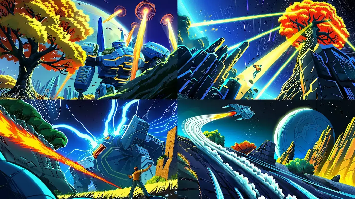 Futuristic Fantasia with Vivid Contrasts and Dynamic Composition - Midjourney sref style