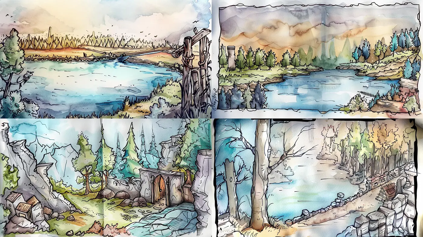 Whimsical Watercolor Landscapes with Pencil Sketch Underlines - Midjourney sref style