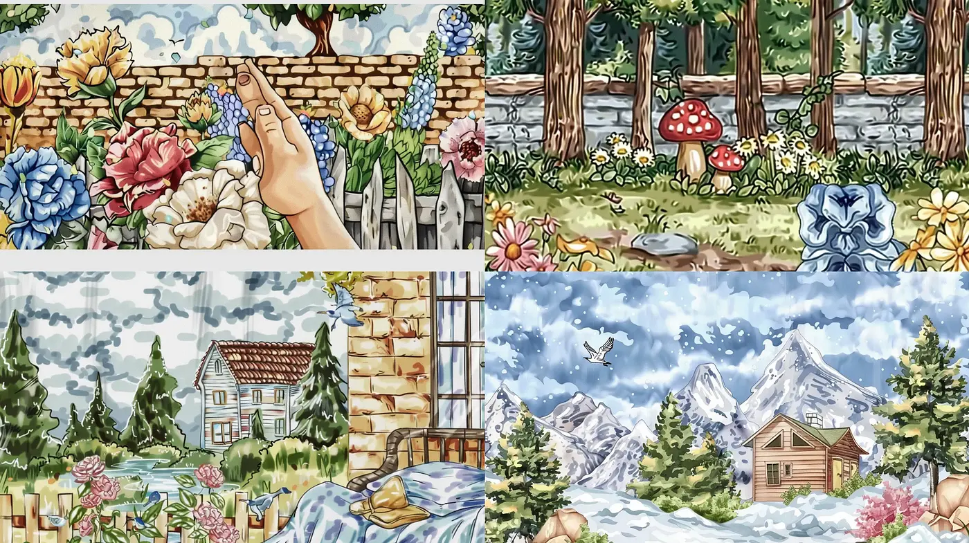 Rustic Nature-Inspired Tapestry: A Harmony of Garden and Mountain Landscapes - Midjourney sref style