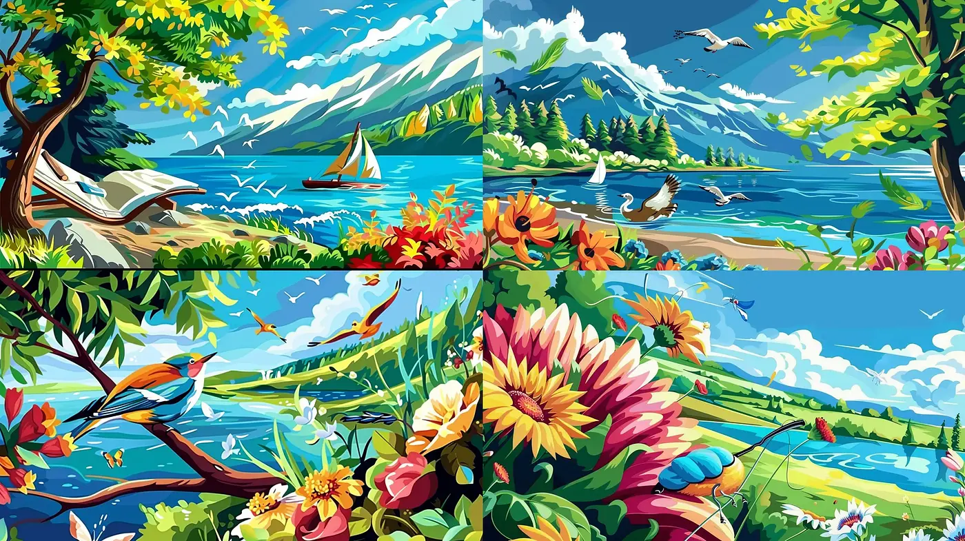 Vibrant Nature Mosaic with Animated Essence - Midjourney sref style