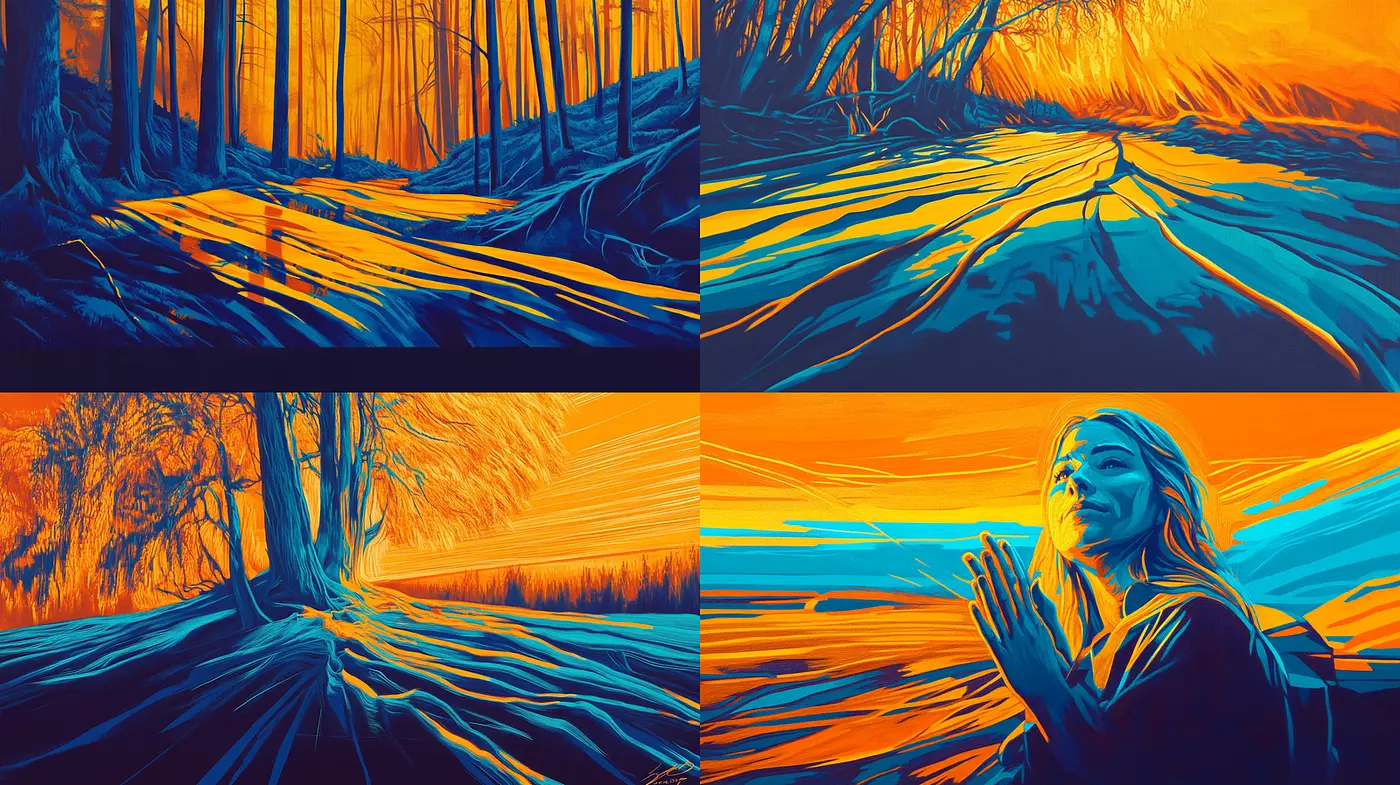 Vivid, expressive landscapes with surreal undertones and dynamic movement - Midjourney sref style