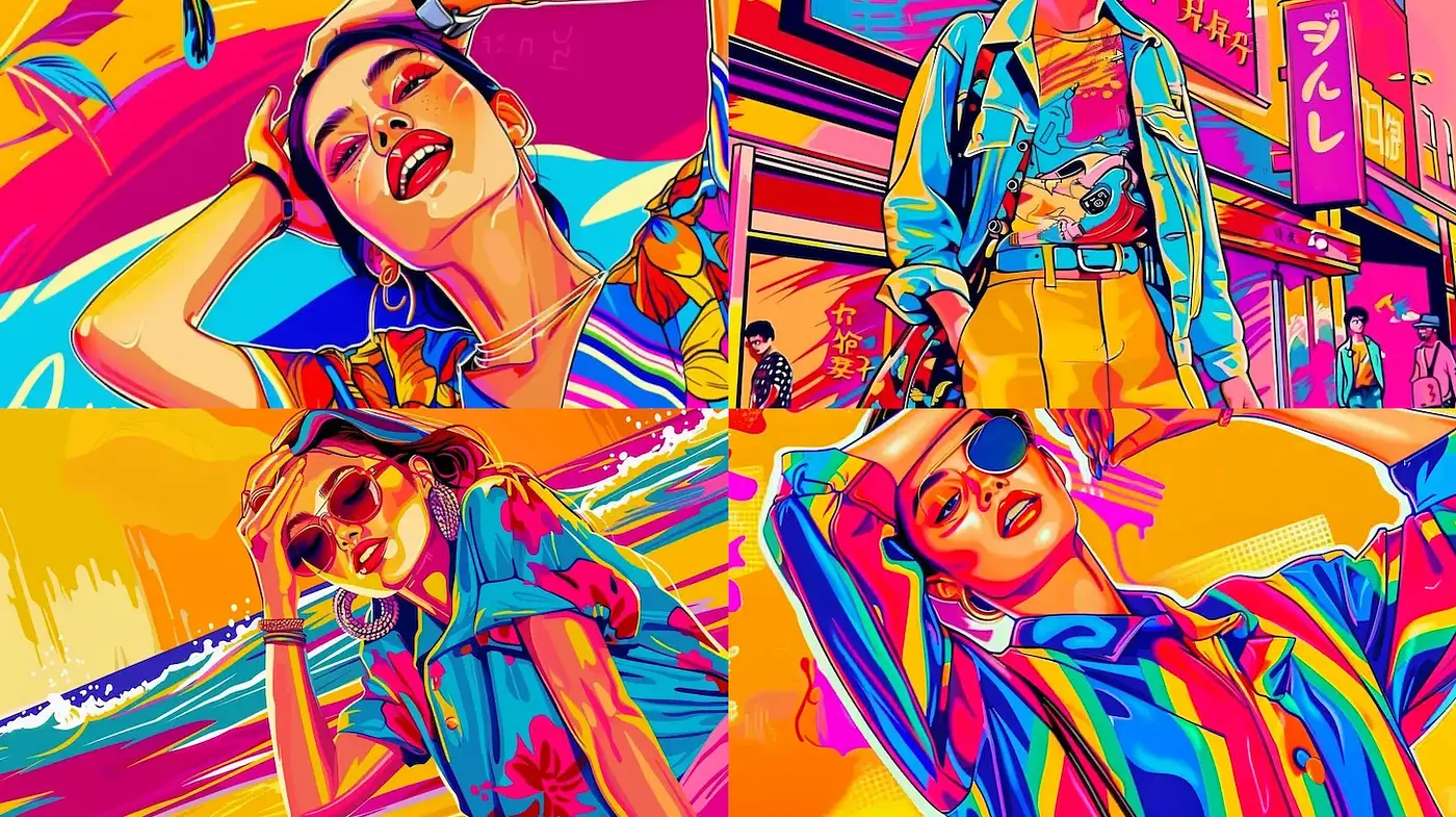 Vibrant contemporary fashion illustrations with a bold pop art influence - Midjourney sref style