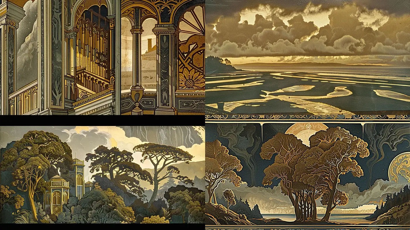 Ethereal Golden Age Illustrative Tapestry - Midjourney sref style