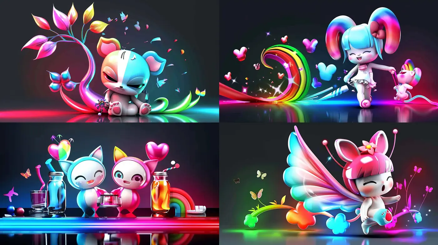 Luminous Whimsy: A Fusion of Vivid Colors and Glossy Textures in Playful Scenes - Midjourney sref style