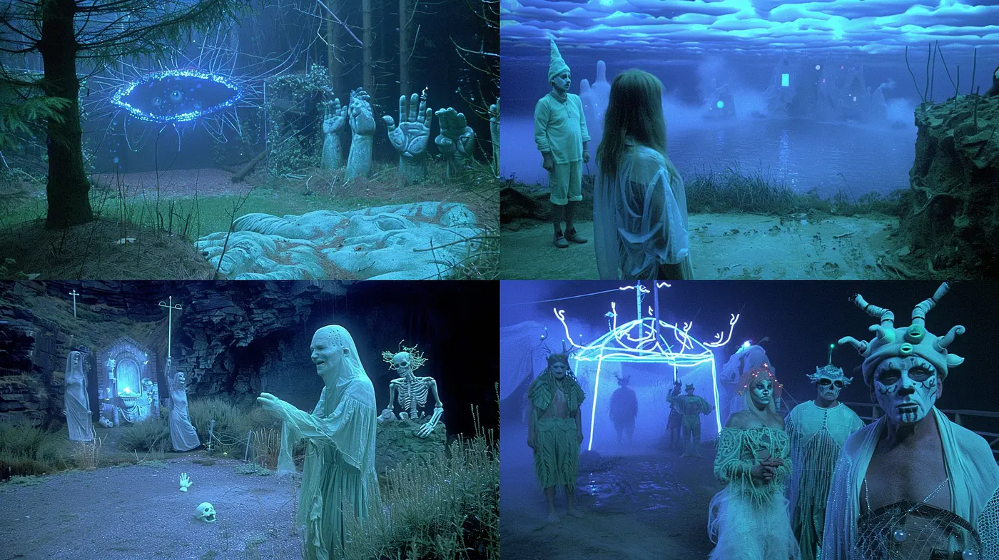 Ethereal Midnight Hues: A Consistent Exploration of Surreal Environments and Phantasmagoric Elements in Digital Art - Midjourney sref style