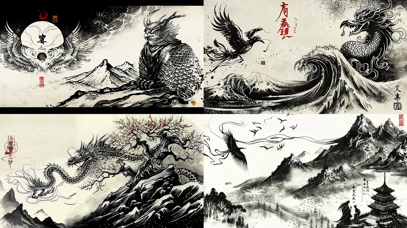 Ethereal Monochrome Myths: A Contemporary Take on Classic Asian Ink Wash Painting - Midjourney sref style