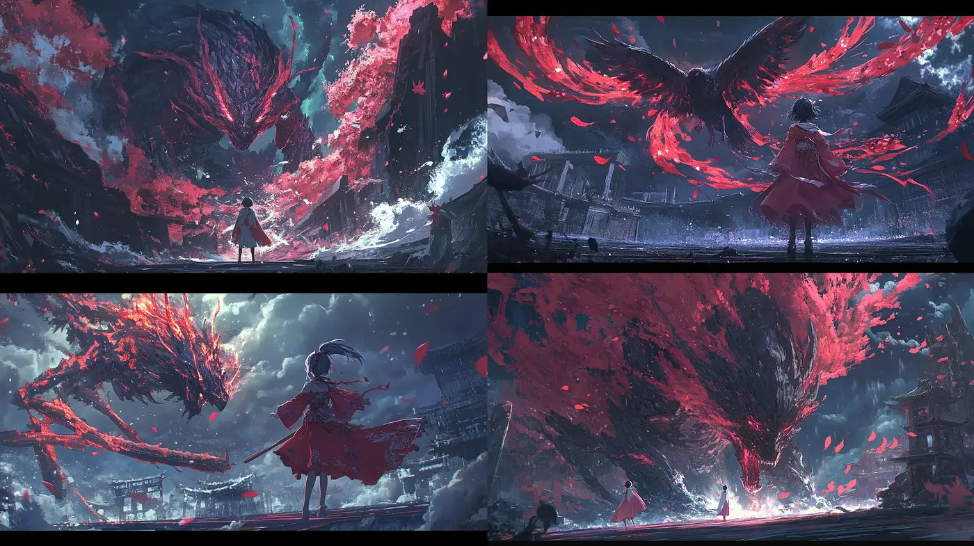 Ethereal Crimson Dreamscape: A Fusion of Dynamic Brushwork and Surreal Imagery - Midjourney sref style