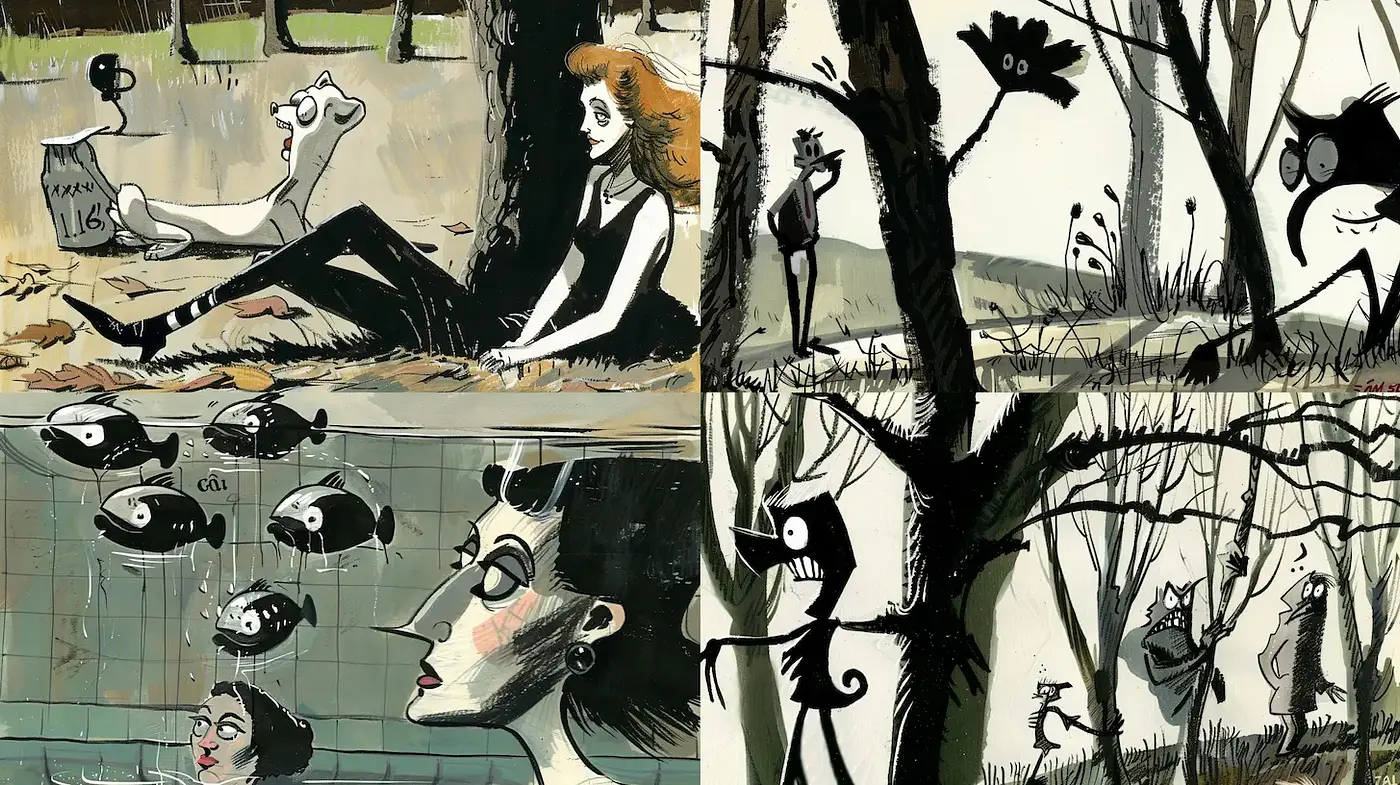 Playful and Whimsical Illustrations with a Distinctive Black and White Contrast - Midjourney sref style
