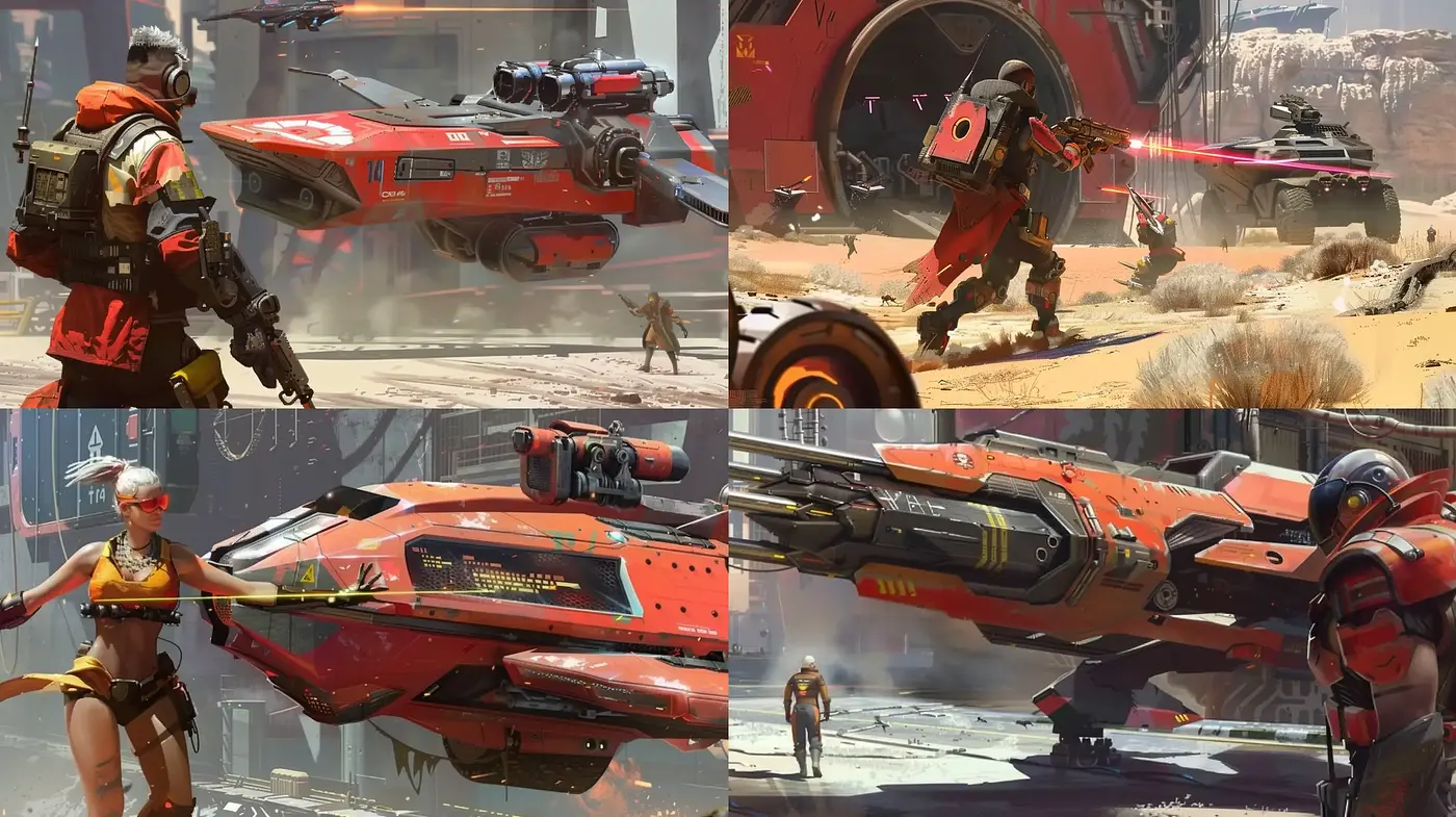 Futuristic Sci-Fi Exploration with a Warm Palette and Dynamic Composition - Midjourney sref style