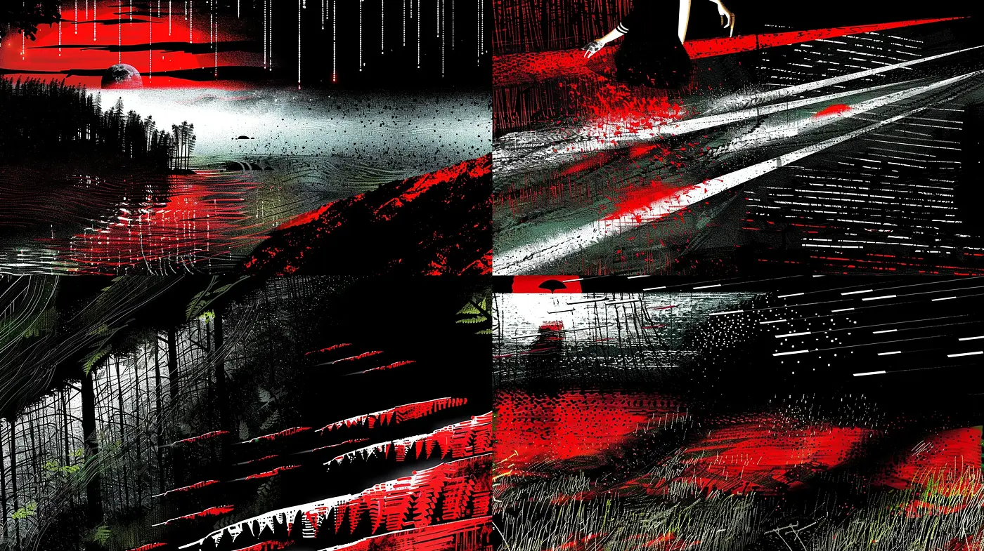 Nocturnal Contrast: A Vivid Interpretation of Nightscapes in Bold Black and Crimson Brushwork - Midjourney sref style
