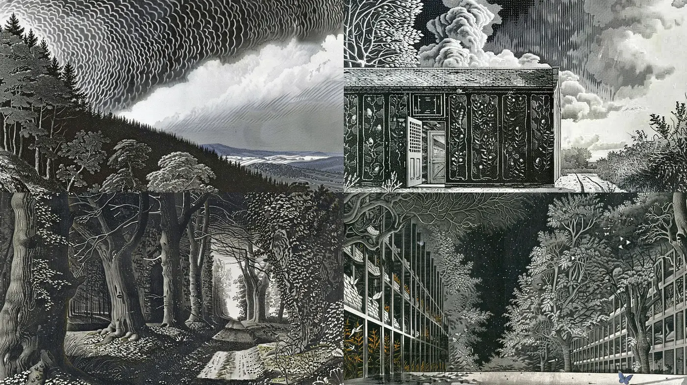 Monochromatic Enigma: Fusion of Natural and Surrealist Elements - Midjourney sref style