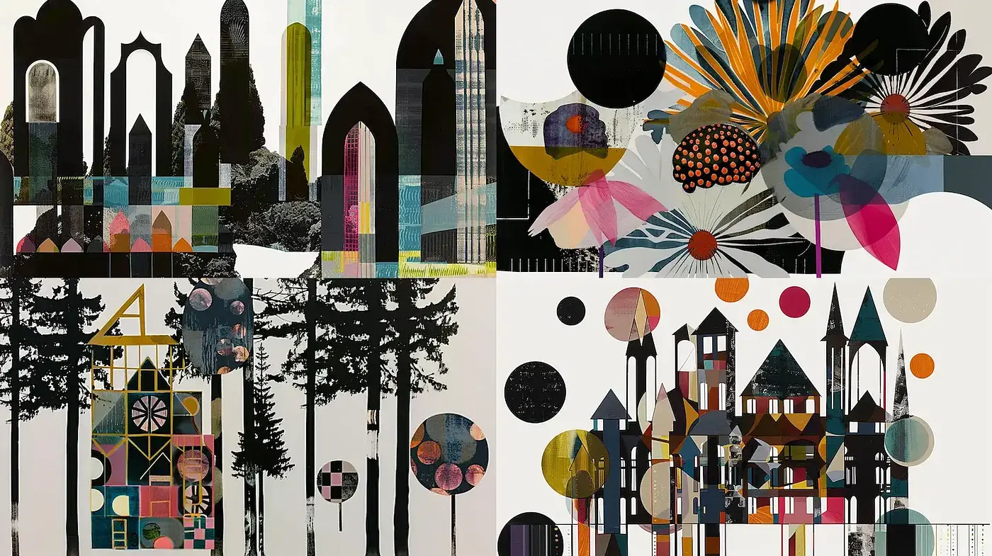 Architectural Montage with Abstract Geometry and Natural Elements - Midjourney sref style