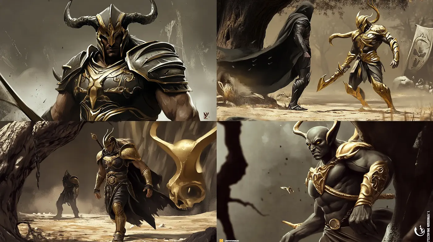 Epic Sagas of Golden-Armored Titans: A Fantastical Tableau - Midjourney sref style
