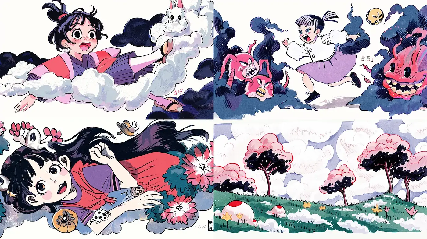 Whimsical and Colorful Illustrations with Playful Characters - Midjourney sref style