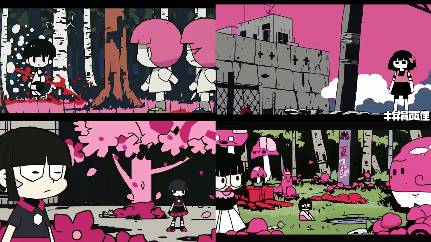 Stylized Monochrome Nostalgia with a Splash of Pink - Midjourney sref style