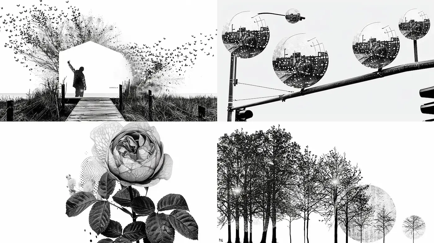 Monochromatic Floral and Urban Fusion with Ethereal Elements - Midjourney sref style