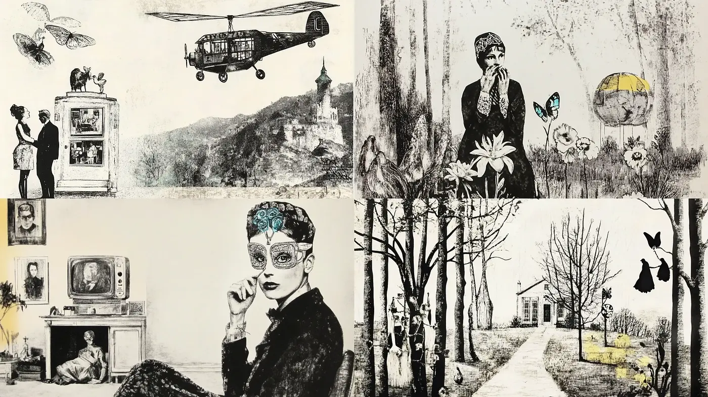 Whimsical Grunge: A Fusion of Vintage Illustration and Distressed Textures - Midjourney sref style