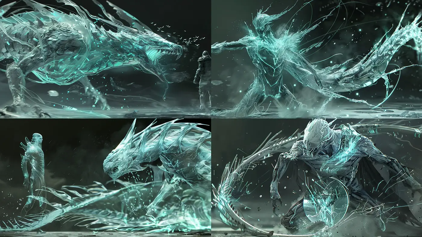 Ethereal Aquatic Dreamscape: A Consistent Manifestation of Icy Blue Tones and Dynamic Fluid Textures - Midjourney sref style