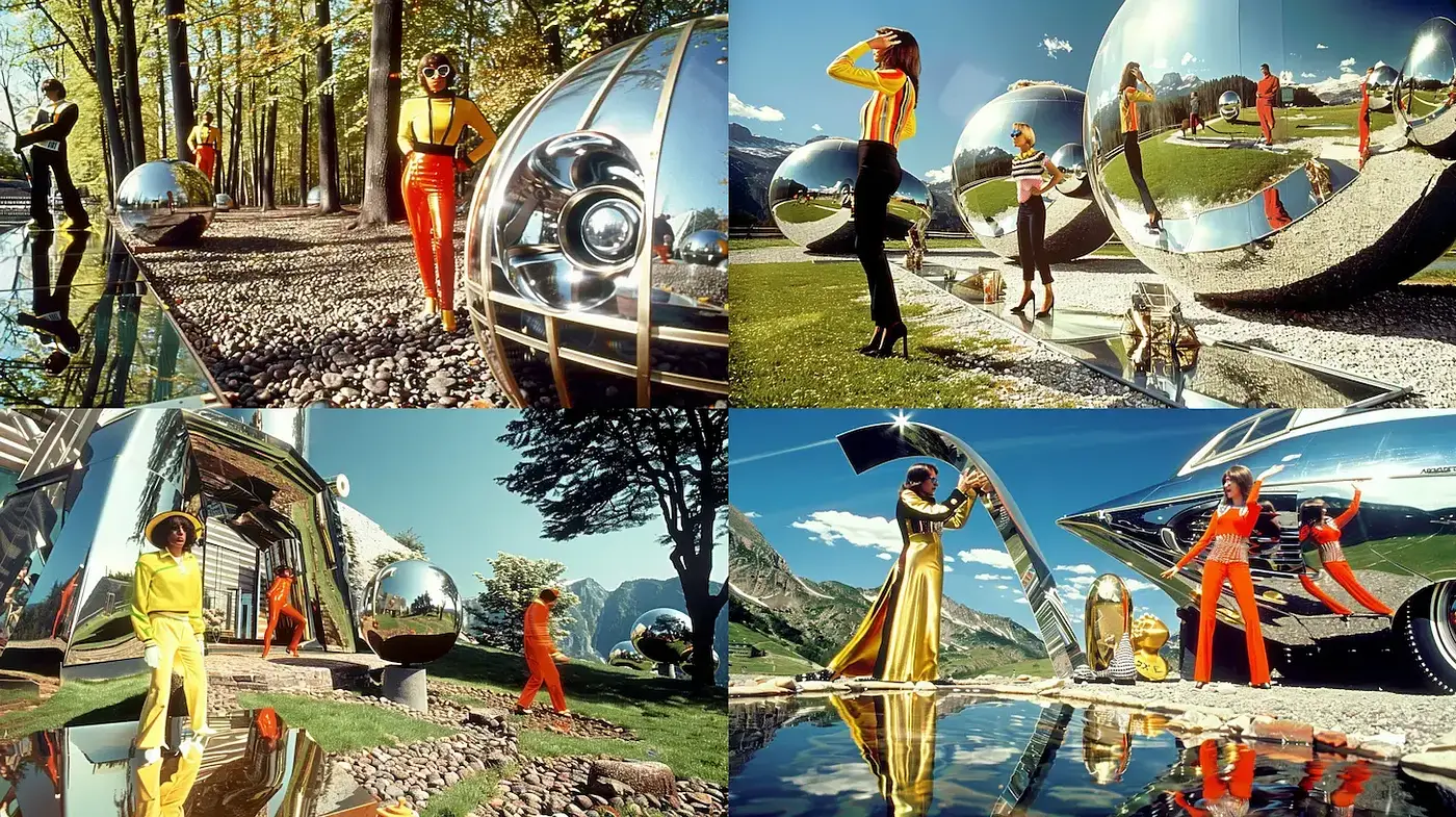 Retrofuturistic Elegance with Surreal Reflective Landscapes - Midjourney sref style