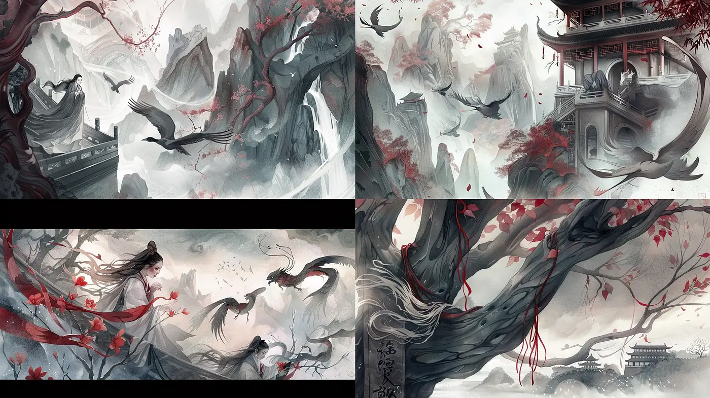 Ethereal Oriental Landscapes with a Touch of Red Amidst Monochrome Mists - Midjourney sref style