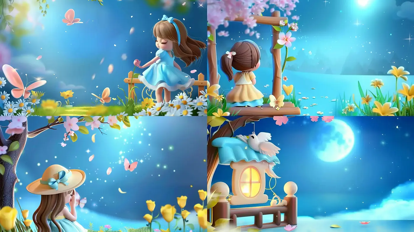 Whimsical Enchantment: A Serene Digital Illustration Series with a Dreamy Blue Twilight Palette - Midjourney sref style