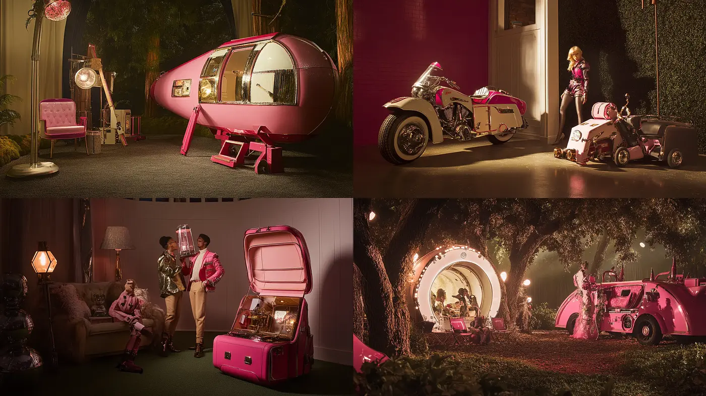 Retrofuturistic Reverie in Rose Tones and Ambient Glow - Midjourney sref style