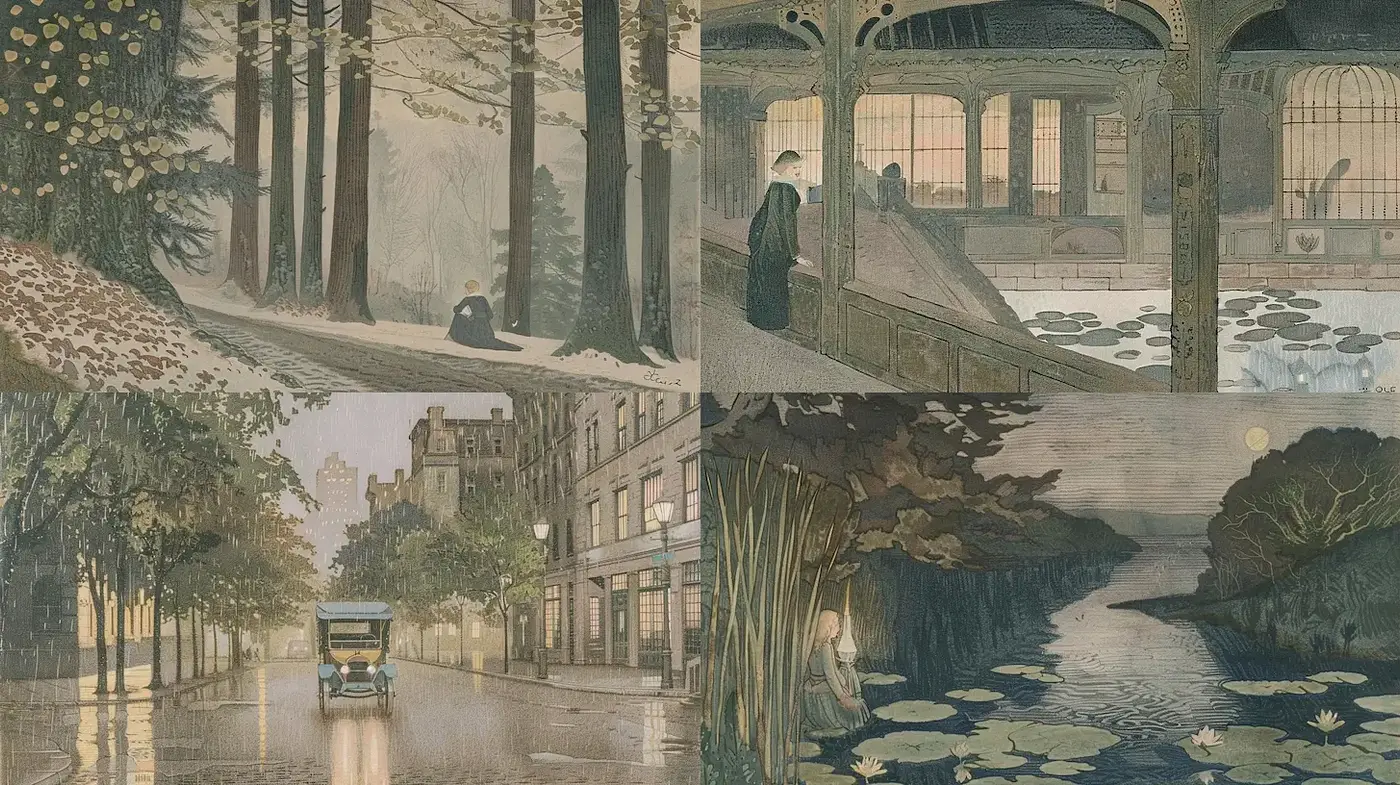 Evocative and Tranquil Artistic Representation with Nature and Urban Elements - Midjourney sref style