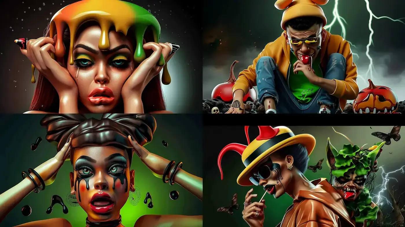 Dynamic and Expressive Digital Art with Surreal Elements - Midjourney sref style