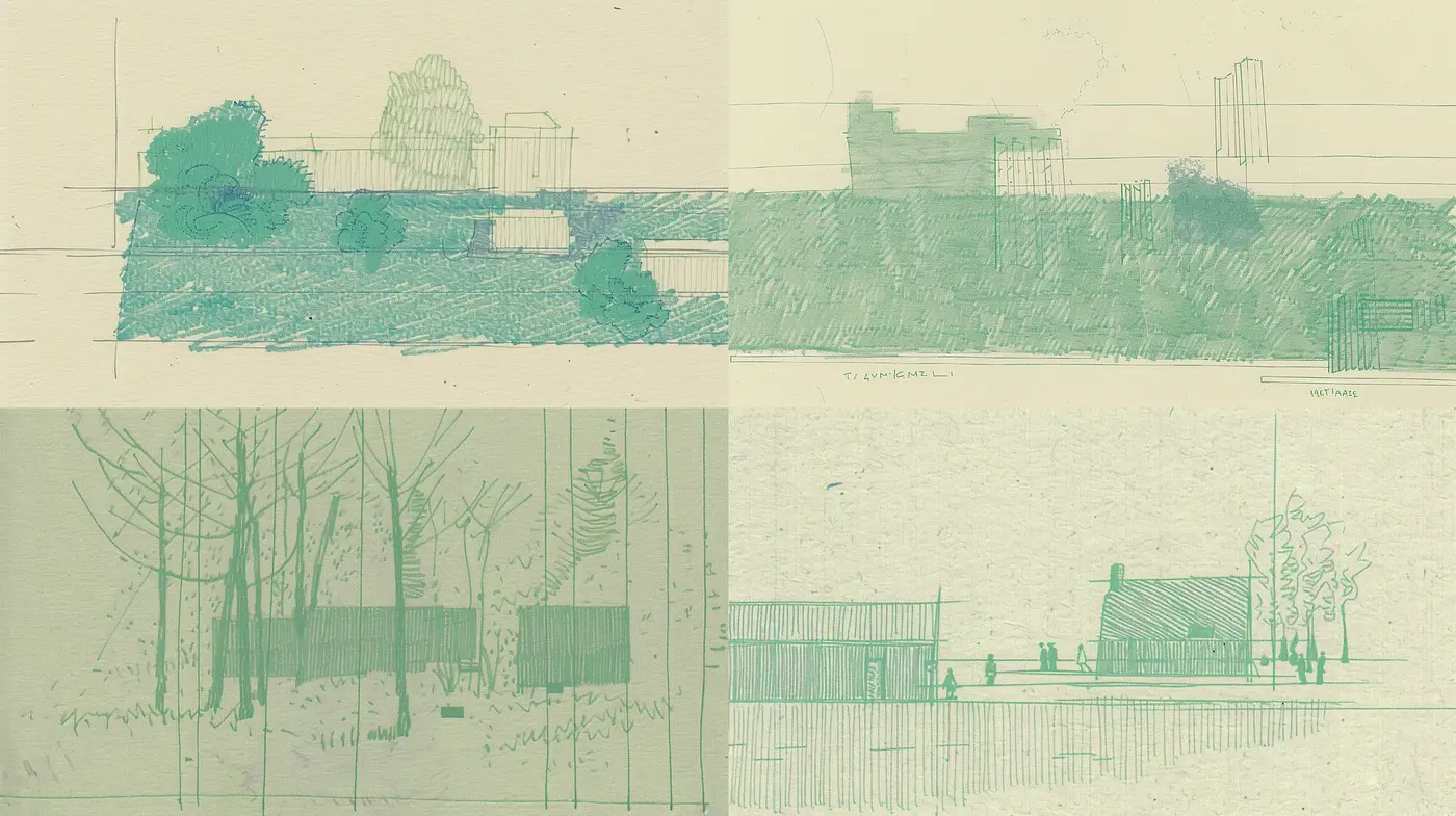 Sketch-like Architectural Impressions with a Serene Monochromatic Tint - Midjourney sref style