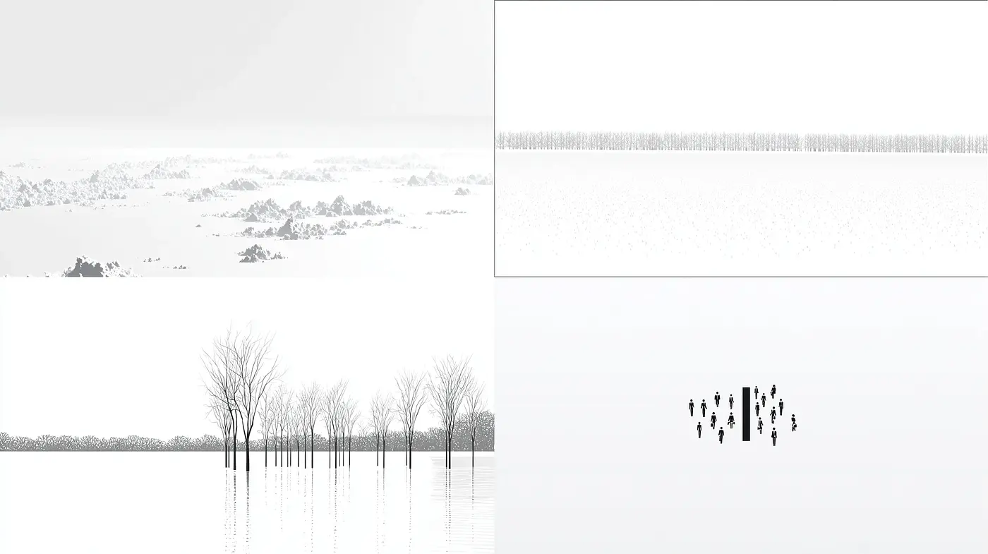 Minimalistic and Ethereal Landscape with Abstract Figures - Midjourney sref style