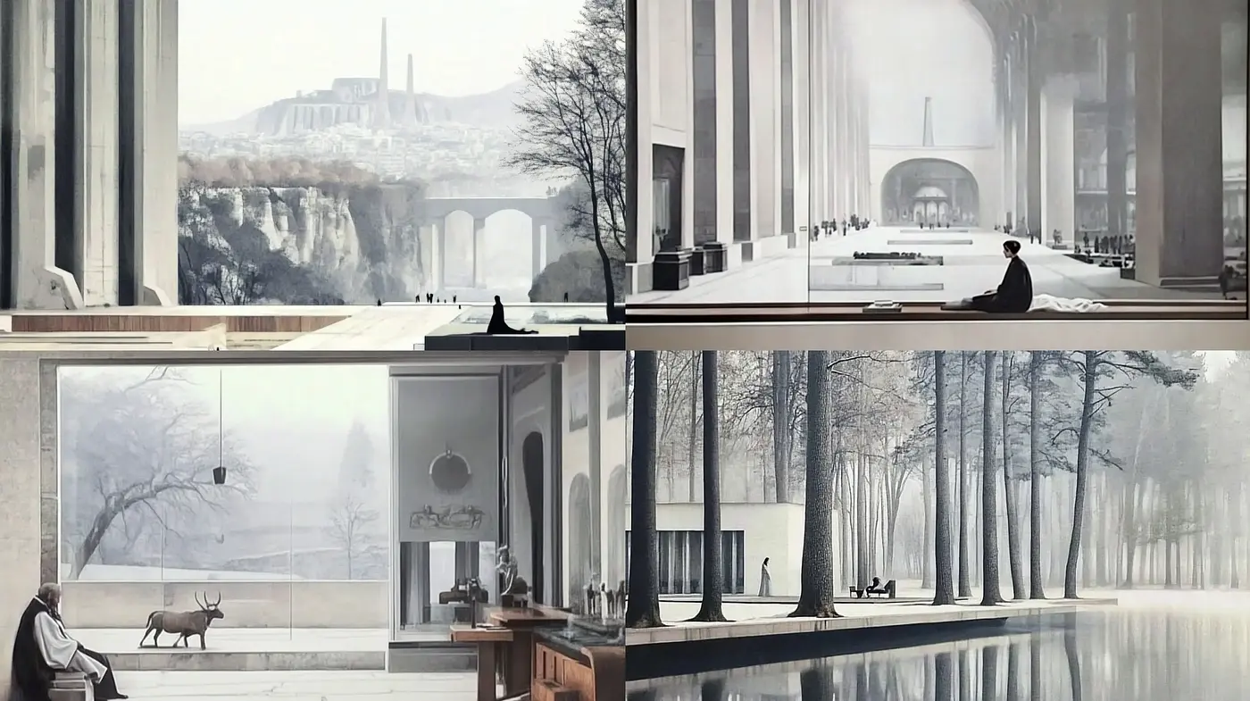 Serene Architectural Elegance in Ethereal Monochrome - Midjourney sref style