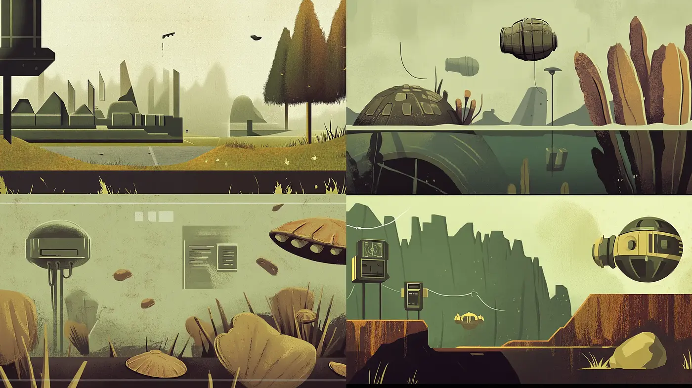 Muted Tones of Futuristic Serenity: A Homage to Stylized Simplicity in Digital Art - Midjourney sref style