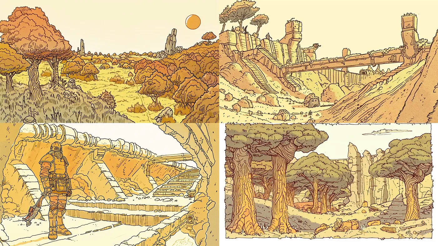 Retro-futuristic Exploration: Evoking Nostalgia with a Hint of Mystery in Sci-Fi Landscapes - Midjourney sref style