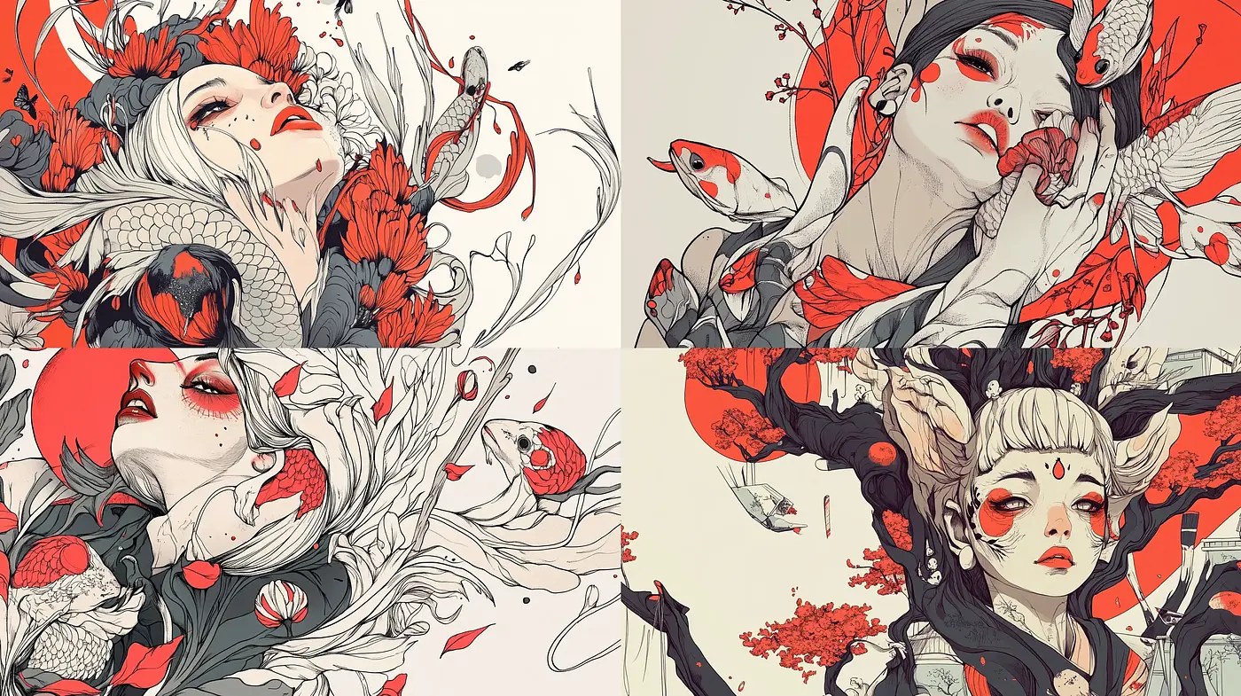 Ethereal Elegance: A Symphony of Ink and Crimson Petals - Midjourney sref style