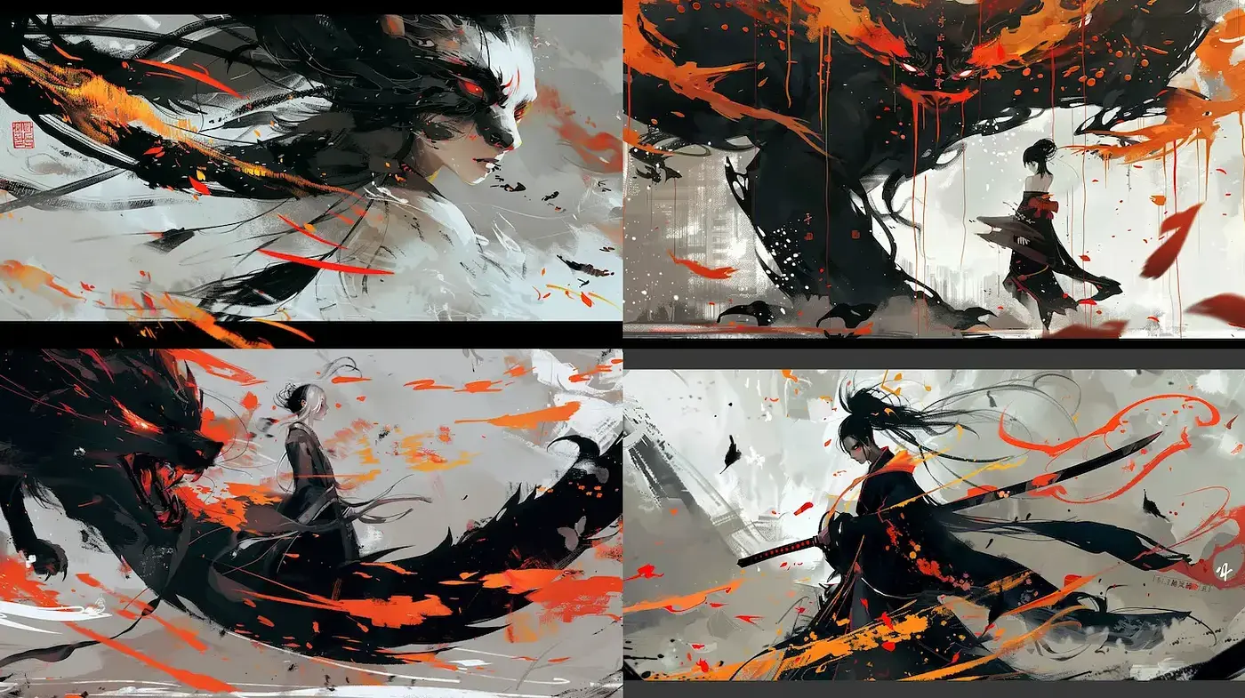 Dynamic Fluidity and Ethereal Contrast in Ink-inspired Art - Midjourney sref style