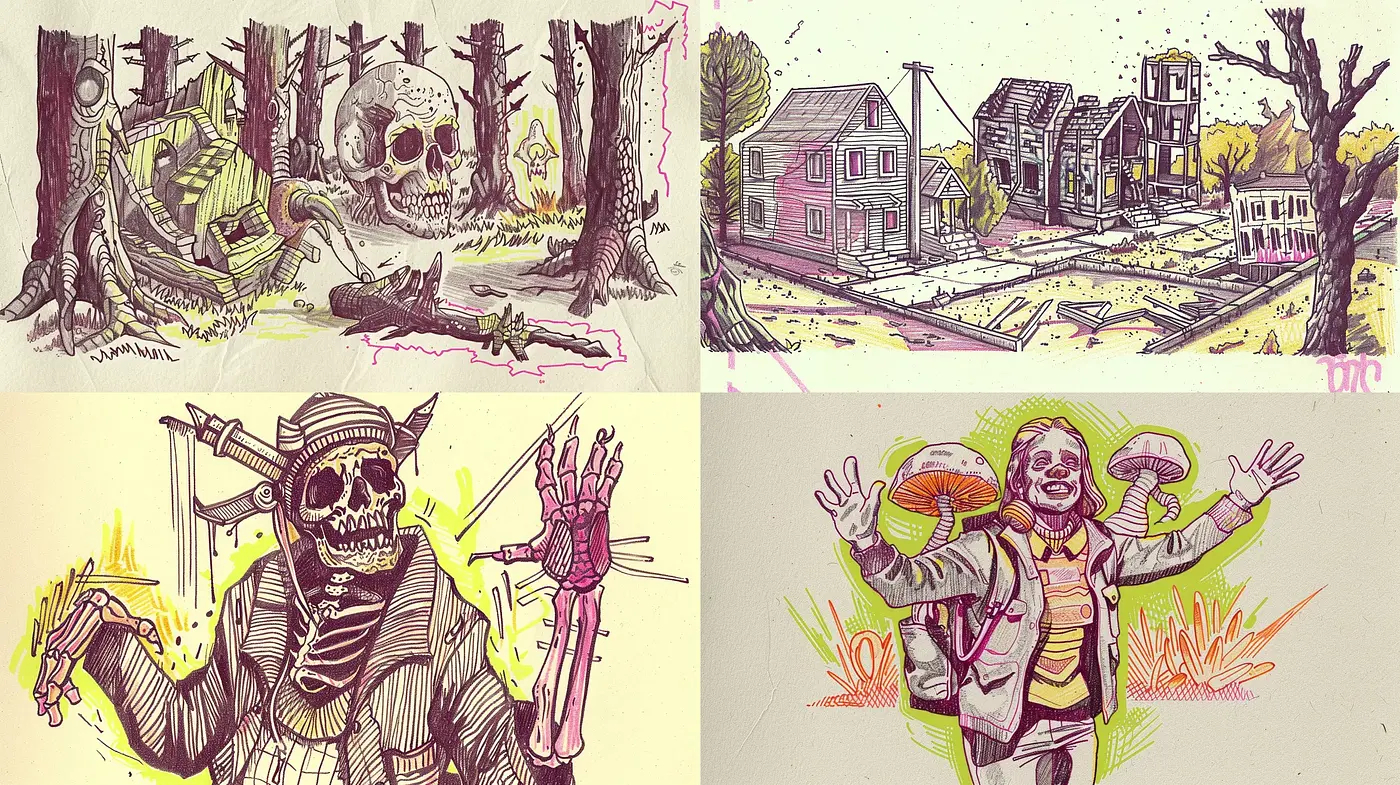 Eclectic Sketchbook Chronicles with a Splash of Surreal Whimsy - Midjourney sref style