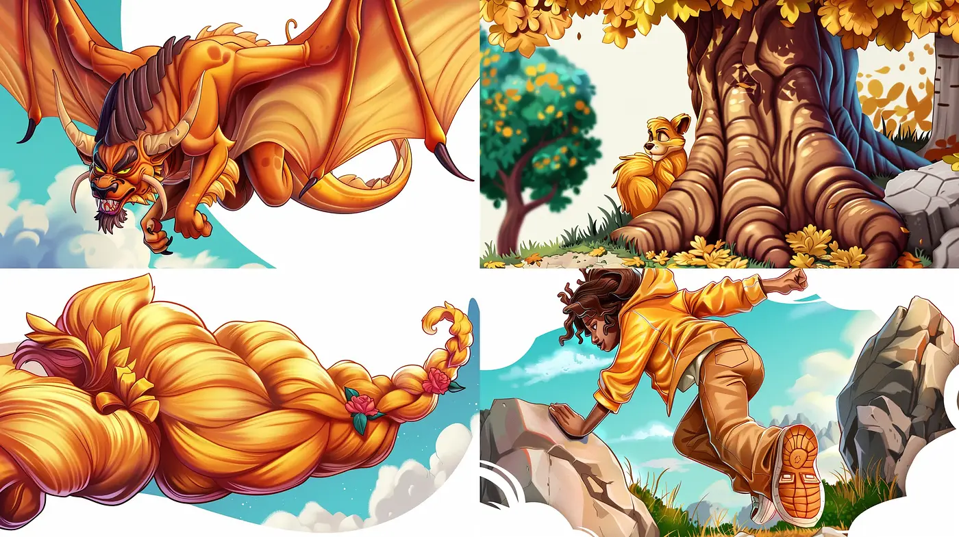 Vibrant Storybook Fantasia: A Rich Tapestry of Golden Hues and Dreamlike Visions - Midjourney sref style