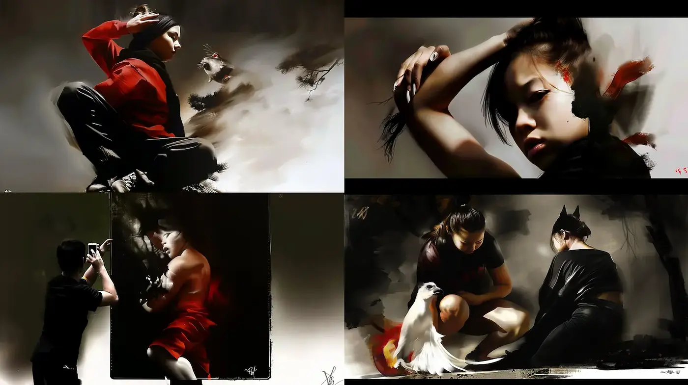 Dynamic yet ethereal compositions harmonizing modern themes with traditional influences - Midjourney sref style