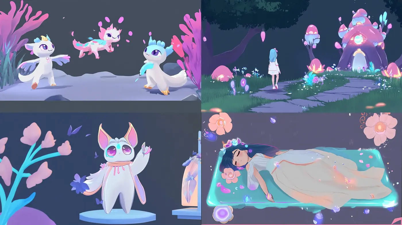 Enchanted Ethereal Dreamscape with Pastel Tones and Whimsical Creatures - Midjourney sref style